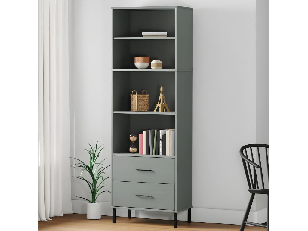 Bibliothèque à 2 tiroirs Gris 60x35x180 cm Bois massif Chezlova MABA99932