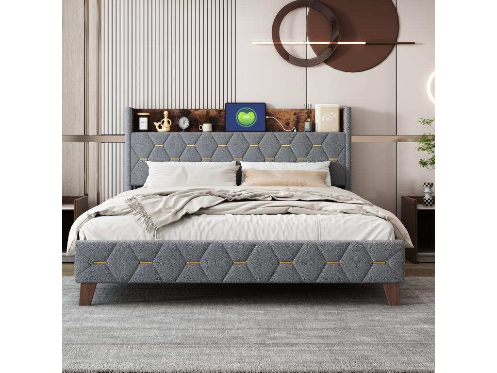 Lit adulte rembourré 160x200cm lit double plat en velours cardamome avec tête de lit de rangement et prise USB sommier à Chezlova Gris IYZX69094