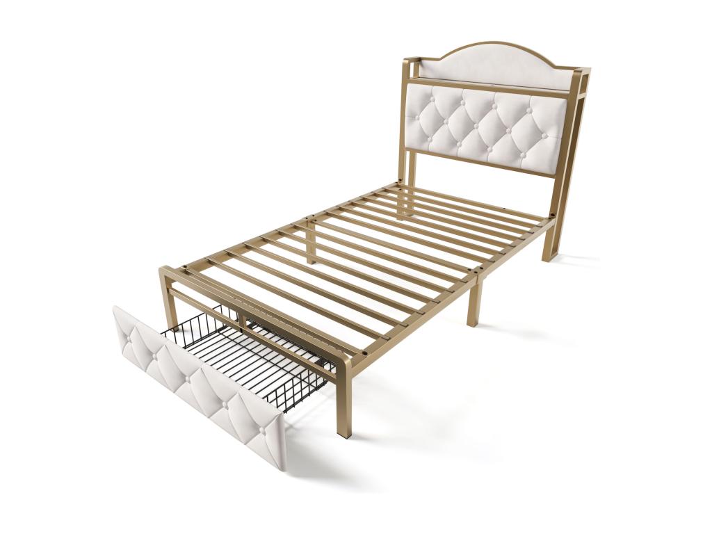 Lit simple rembourré beige clair 90x200 avec cadre en métal avec fonction de chargement USB type C et tiroirs sans matelas JOCS07865