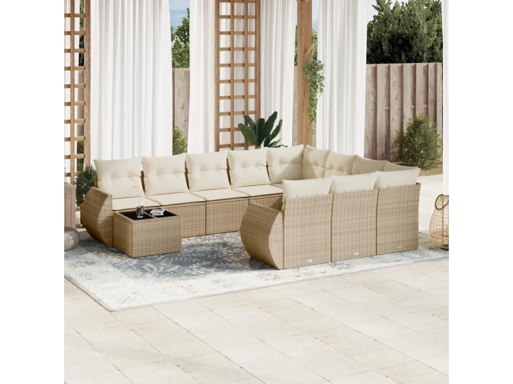Salon de jardin 11 pièces avec coussins beige résine tressée SYZE65352