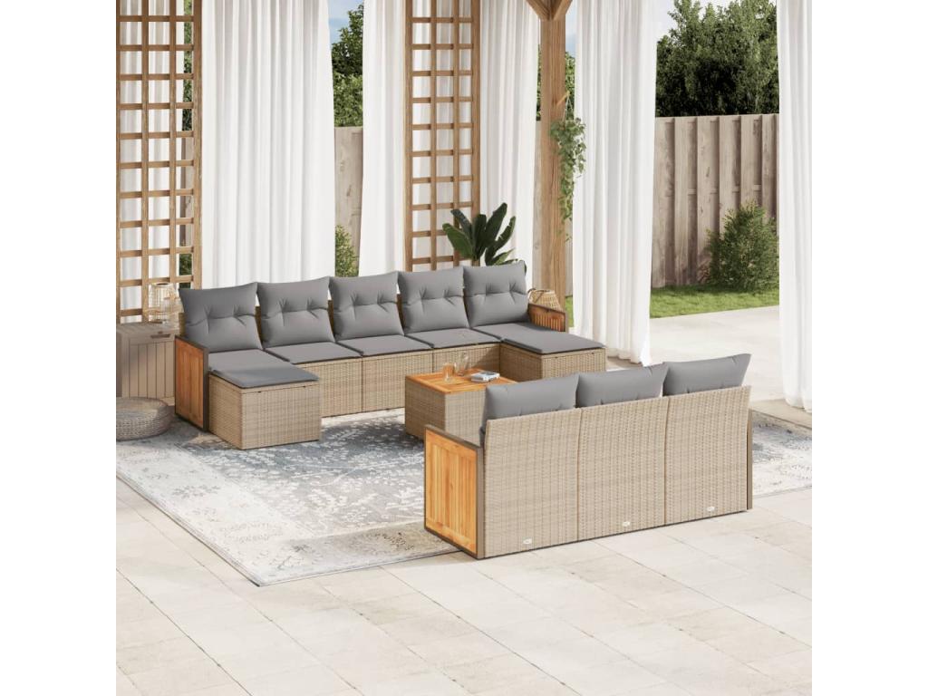 Salon de jardin 11 pcs avec coussins beige résine tressée XNPM52167