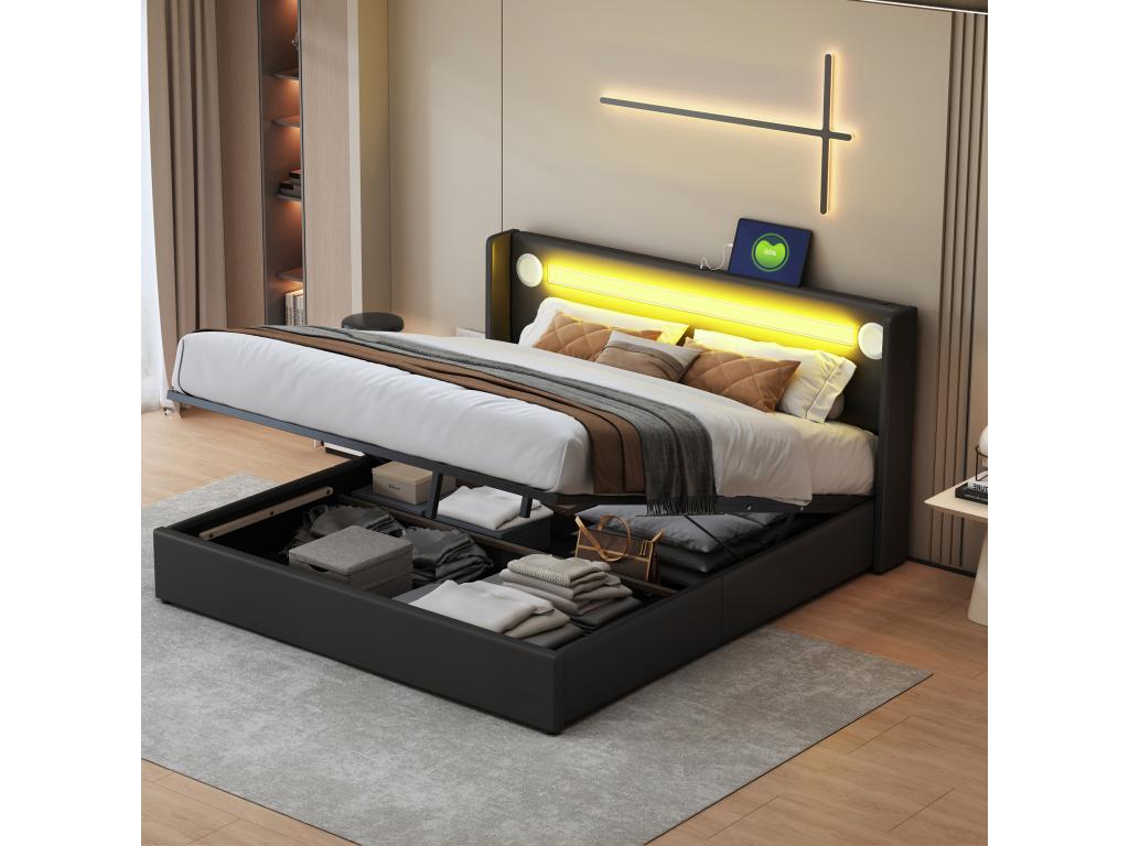 Lit coffre 160x200 cm avec tête de lit - Lecteur LED Bluetooth et Prise USB - cuir PU - Noir NGCQ48295