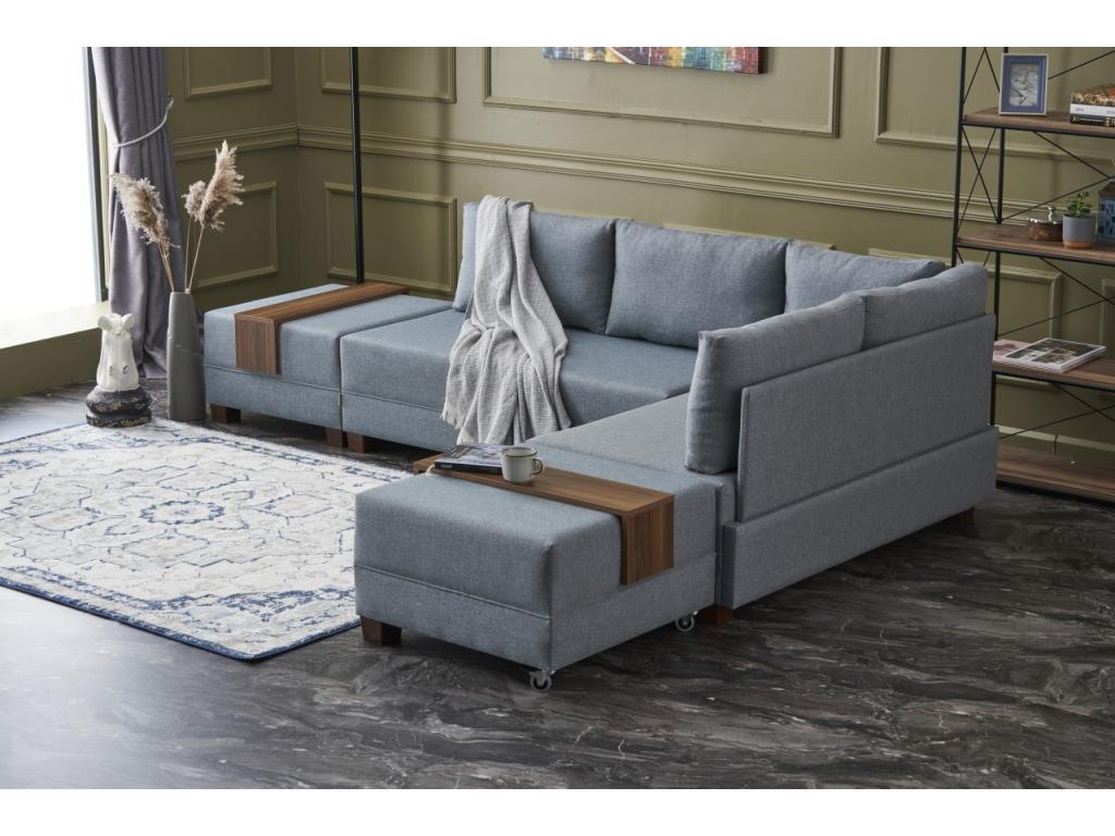 Canapé d'angle convertible et 2 poufs tissu Chezlova 280cm-Couleur Bleu charrette-angle droit GVFJ88358