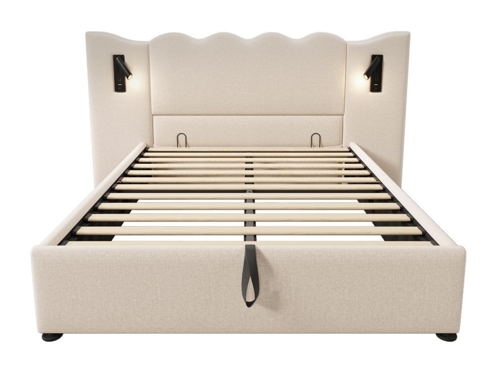 Lit de rangement 160x200cm en lin - avec liseuse et fonction chargement - avec sommier à Chezlova - Beige MXAY16370