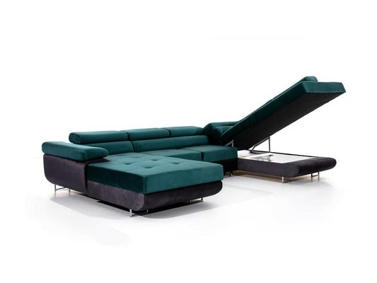 Canapé panoramique tissu gris foncé convertible avec coffre de rangement Chezlova 345cm-Coffre de rangement à droite ONYP19128