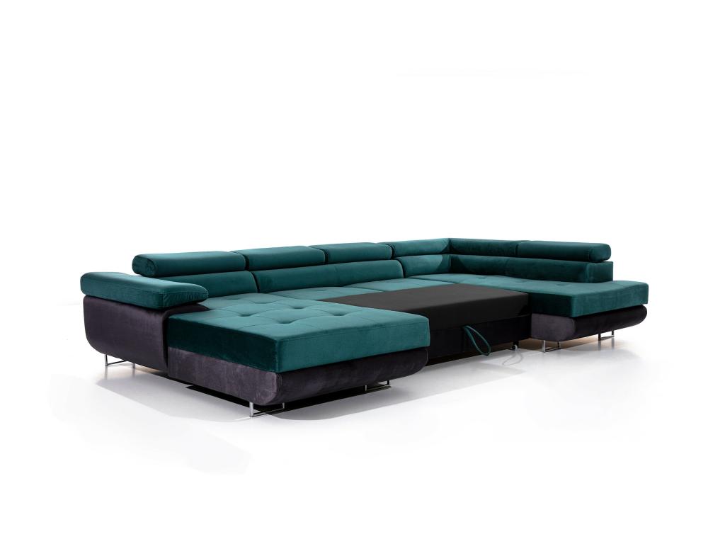 Canapé panoramique tissu gris foncé convertible avec coffre de rangement Chezlova 345cm-Coffre de rangement à droite ONYP19128