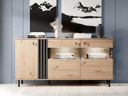 Buffet 3 portes avec LEDs en MDF et métal - Naturel et noir - Chezlova PFFN16843