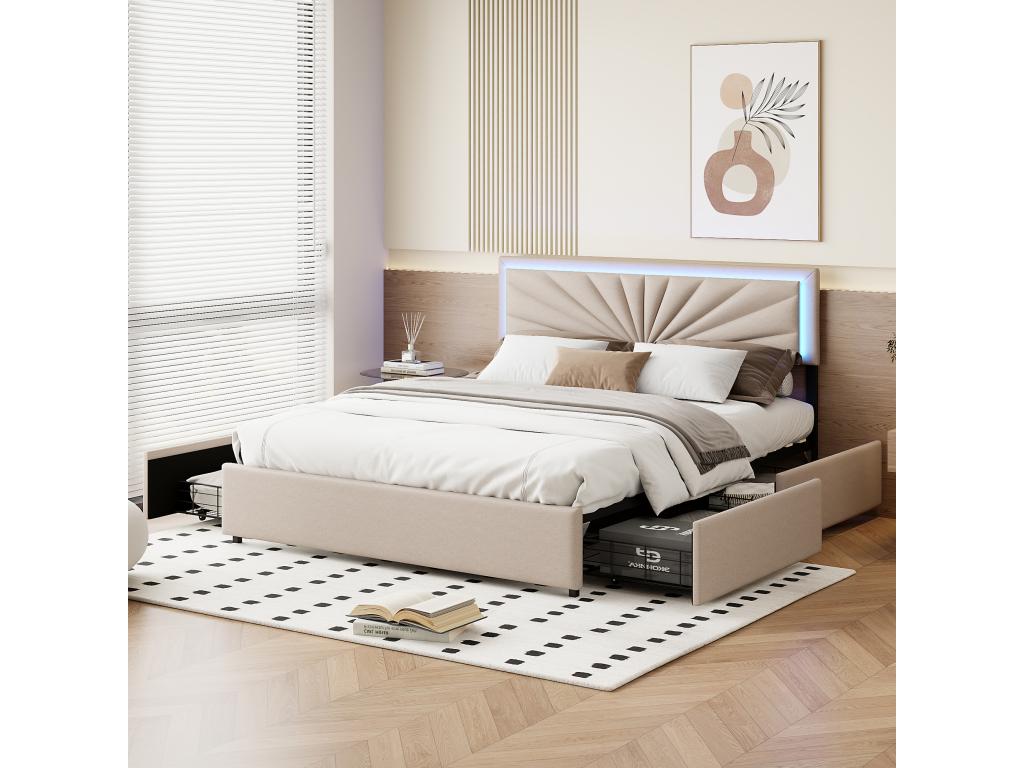 Lit coffre beige double en lin avec 4 tiroirs dossier moelleux table de chevet avec lampe chambre à coucher 160x200 cm VWJB84524