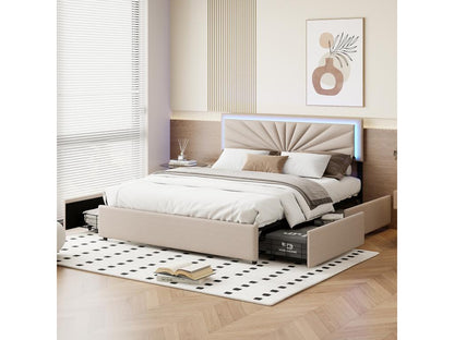 Lit coffre beige double en lin avec 4 tiroirs dossier moelleux table de chevet avec lampe chambre à coucher 160x200 cm VWJB84524