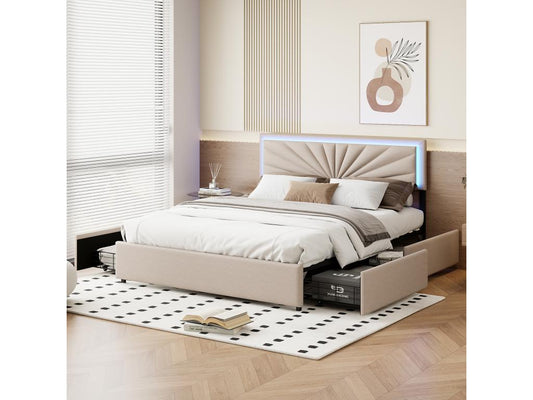 Lit coffre beige double en lin avec 4 tiroirs dossier moelleux table de chevet avec lampe chambre à coucher 160x200 cm VWJB84524
