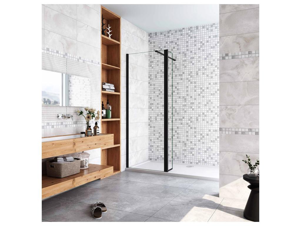 Paroi de douche à l'italienne avec retour pivotant 60 40x200cm avec barre de fixation 90cm récupérable - Noir Mat - 8mm verre anticalcaire PQQB13691