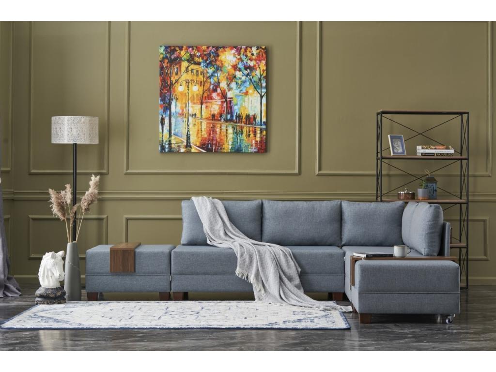 Canapé d'angle convertible et 2 poufs tissu Chezlova 280cm-Couleur Bleu charrette-angle droit GVFJ88358