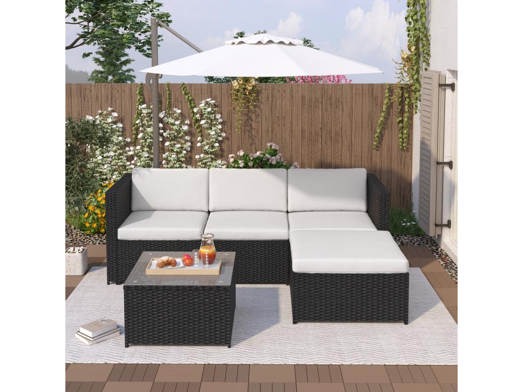 Salon de jardin d'angle 4 places en résine tressée avec table basse avec plateau en verre - 7 coussins d'assise et de dossier - noir YSMY98413