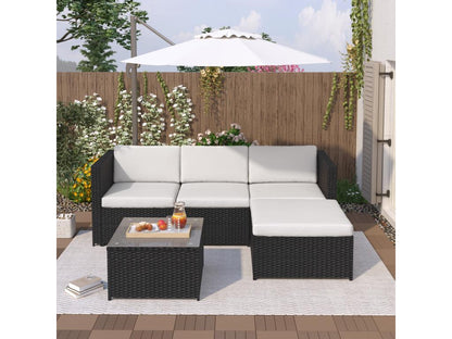 Salon de jardin d'angle 4 places en résine tressée avec table basse avec plateau en verre - 7 coussins d'assise et de dossier - noir YSMY98413