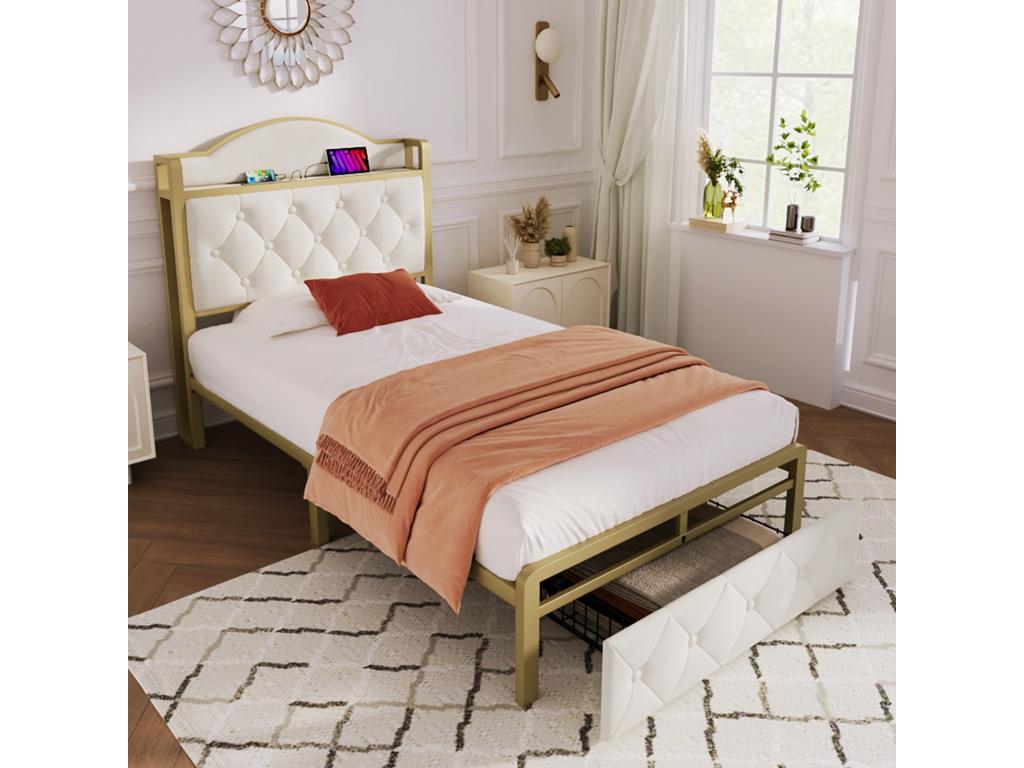 Lit simple rembourré beige clair 90x200 avec cadre en métal avec fonction de chargement USB type C et tiroirs sans matelas JOCS07865