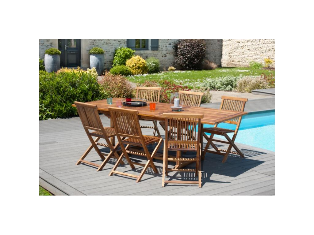 Chezlova - SALON DE JARDIN EN BOIS TECK HUILE 8/10 pers 1 Table rectangulaire extensible 180x240/100 cm et 6 chaises LUYR92284