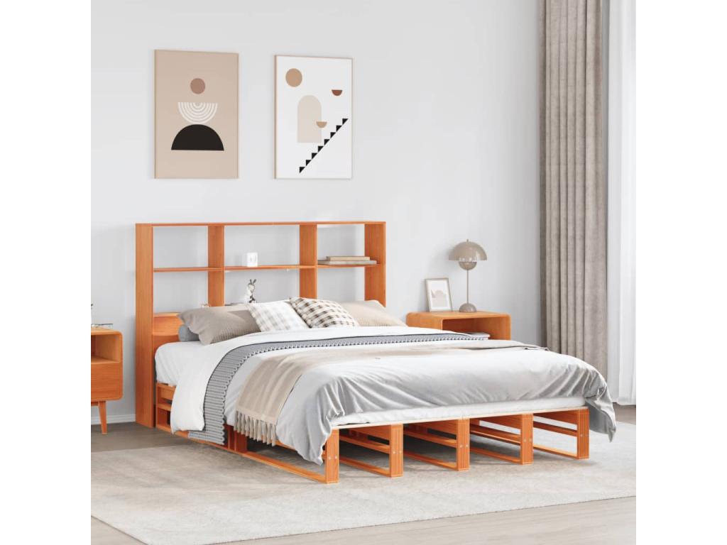 Lit bibliothèque sans matelas cire marron 120x200cm bois massif CJUH72698