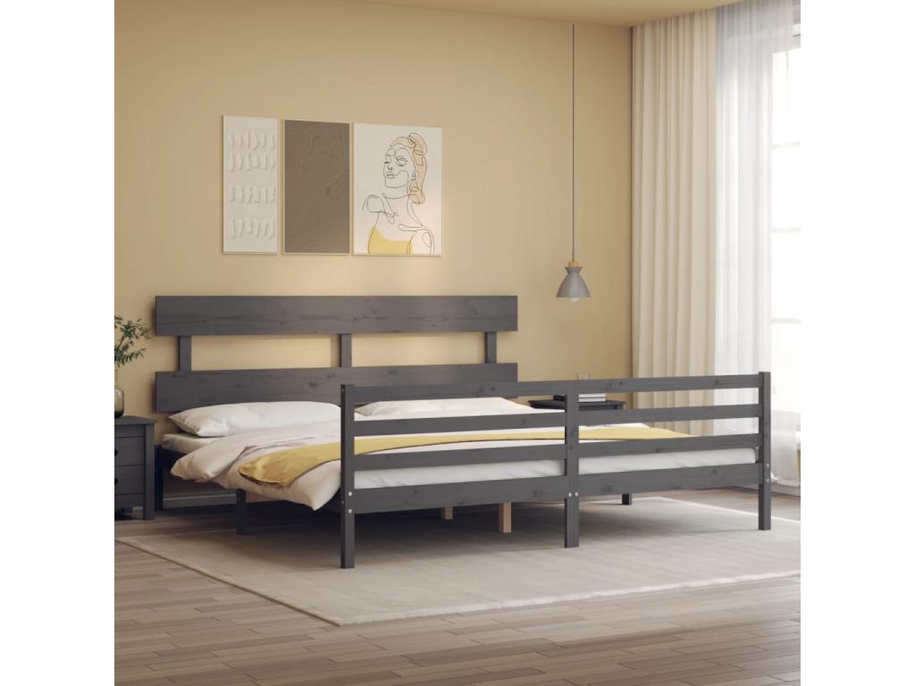 Cadre de lit avec tête de lit gris 200x200 cm bois massif TEKZ03403