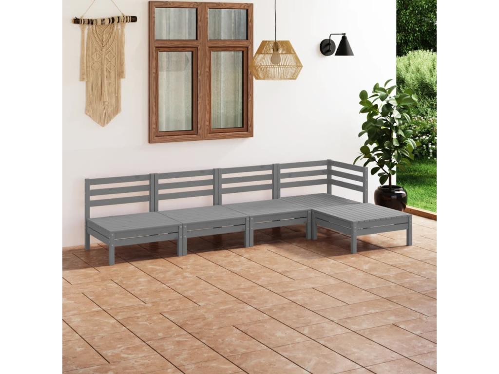 Salon de jardin 5 pcs Bois de pin massif Gris 2 TFIJ30303