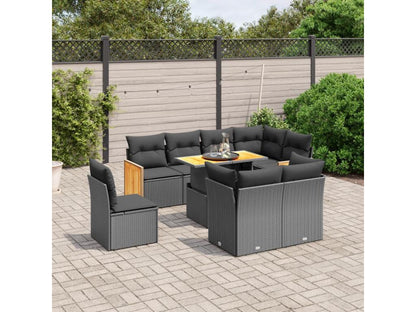 Salon de jardin 9 pcs avec coussins noir résine tressée ZJWL30598