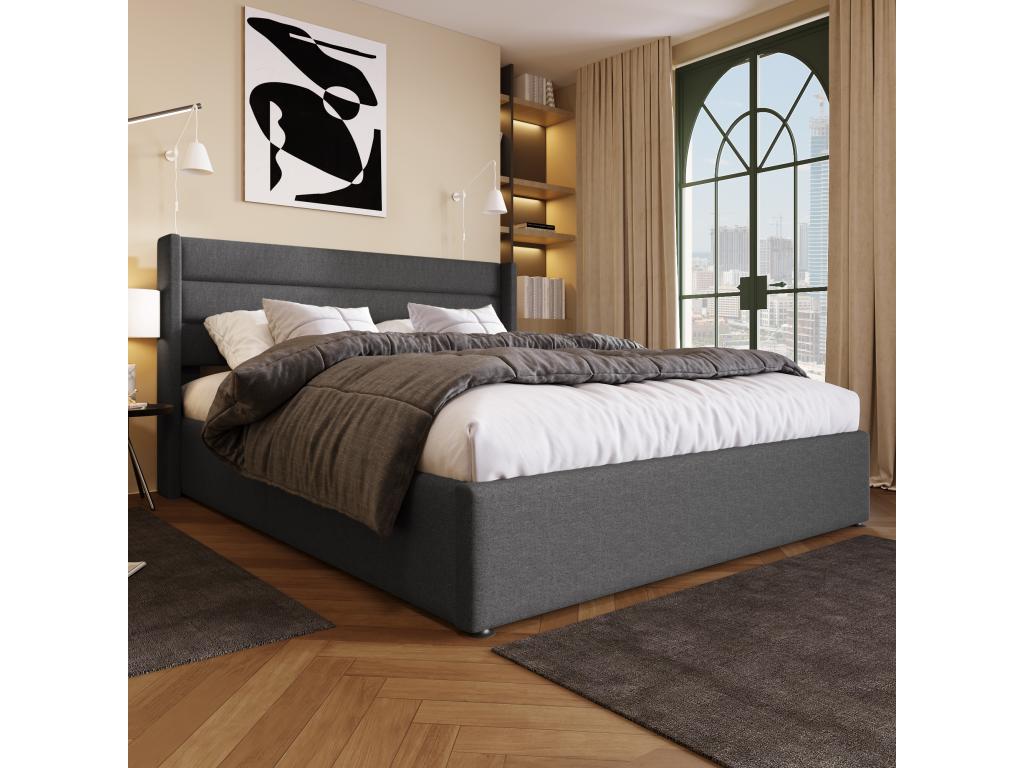 Lit Double Capitonné Coffre Hydraulique 140x200cm En Métal et Lin - Sommier À Chezlova En Bois - Gris PKVX29530