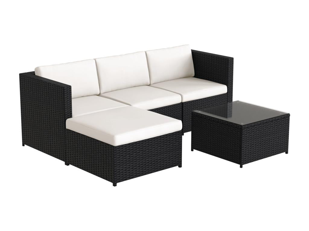 Salon de jardin d'angle 4 places en résine tressée avec table basse avec plateau en verre - 7 coussins d'assise et de dossier - noir YSMY98413
