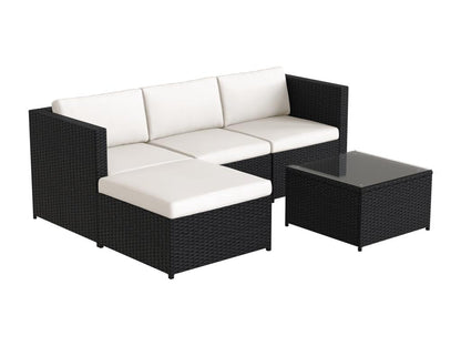 Salon de jardin d'angle 4 places en résine tressée avec table basse avec plateau en verre - 7 coussins d'assise et de dossier - noir YSMY98413