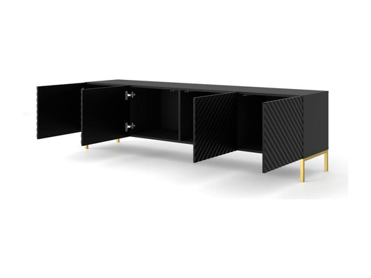Meuble TV Décohaute 200 cm 4D fraisé noir mat pieds en métal doré QCGR31812