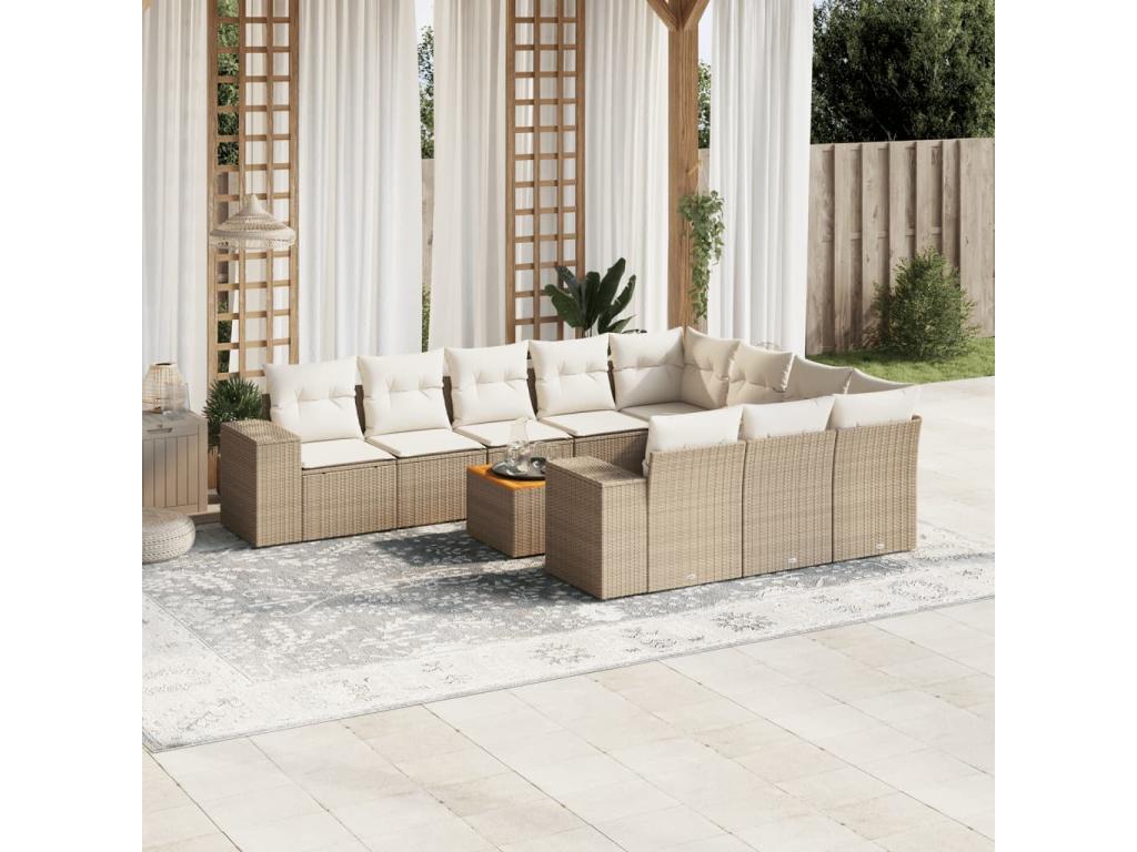 Salon de jardin 11 pièces avec coussins beige résine tressée LRQJ52683