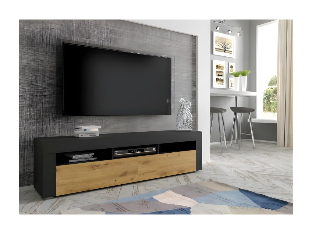 Meuble TV Chezlova avec 2 portes 3 niches - Noir et beige - L 160 x P 35 x H 41-43 cm BQWS72756