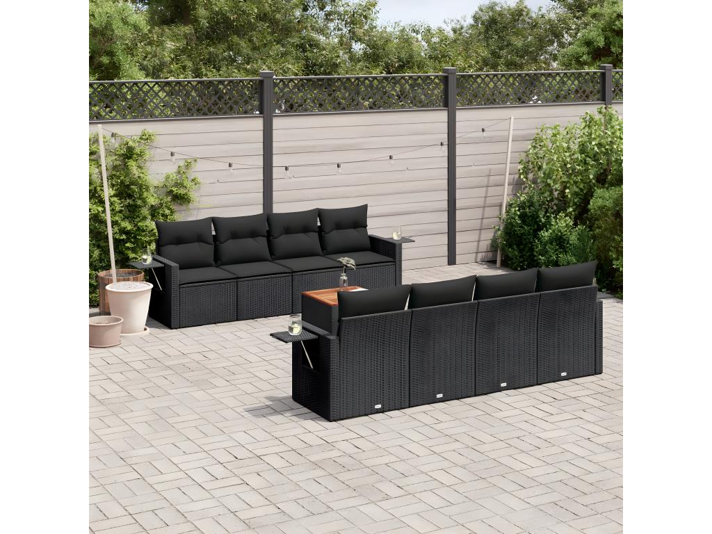 Salon de jardin 9 pcs avec coussins noir résine tressée EODE04735