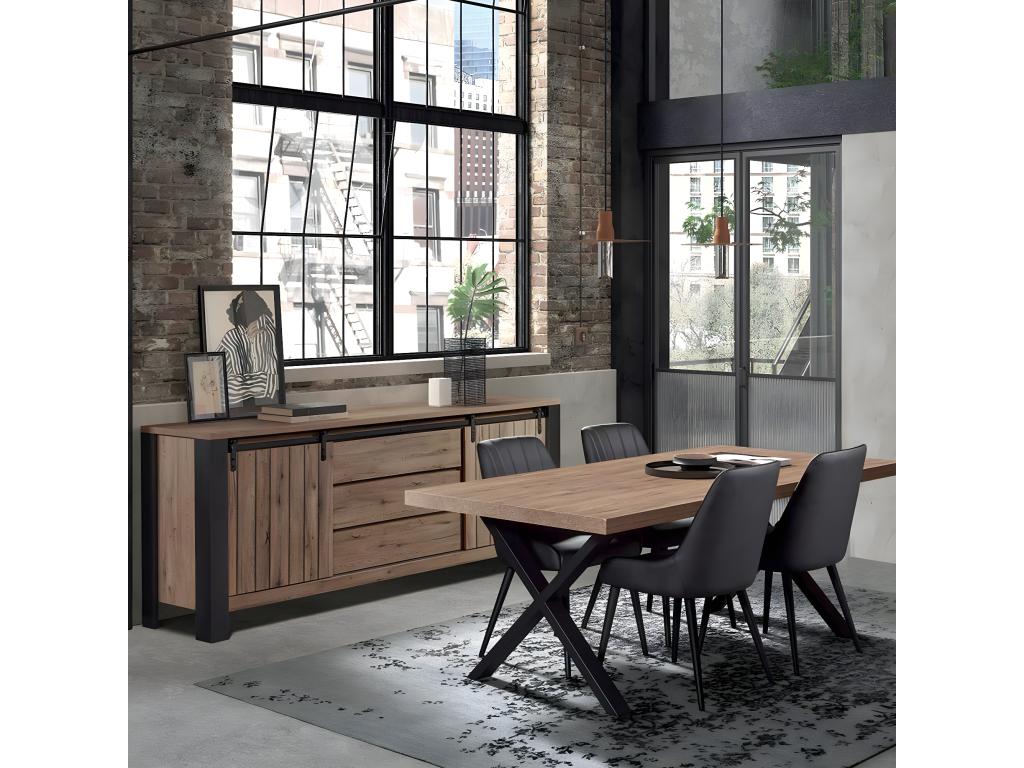 Chezlova - Ensemble Buffet et Table 170 cm Aspect Bois Finition Chezlova Piètement X Métal Noir UUGK84606