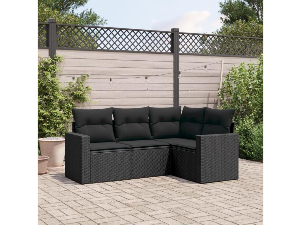 Salon de jardin 4 pcs avec coussins noir résine tressée JWCI34746