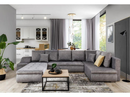 Canapé panoramique convertible tissu gris et simili cuir blanc Chezlova 340cm-Méridienne A gauche UOHQ63398