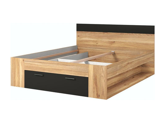 Lit adulte 160x200 avec tiroirs intéChezlovas - Collection Chezlova- Couleuris chêne clair et noir. XAVI16776