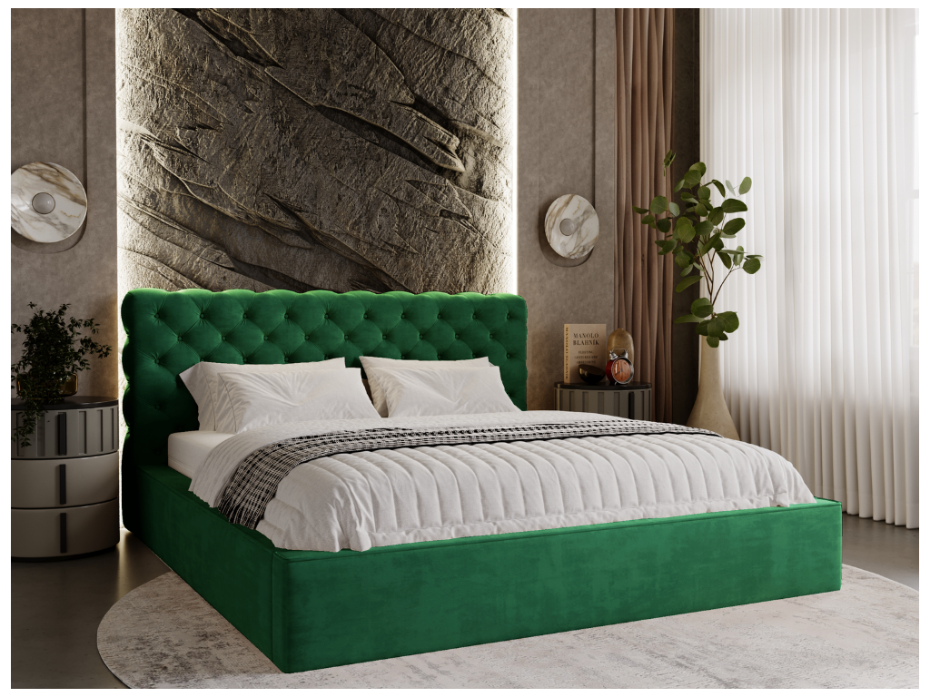 Lit rembourré avec rangement - 120x200 - lit double - velours - vert - Chezlova VUJW28135