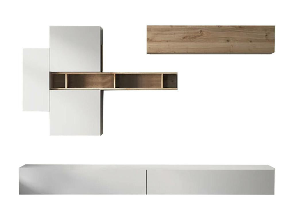 Meuble Mural Dcost Composition du salon Meubles de salon polyvalents Meuble télé Made in Italy 276x30 h210 cm Blanc brillant et Chêne clair XPDV02750