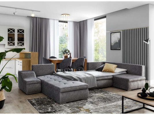 Canapé panoramique convertible tissu gris et simili cuir blanc Chezlova 340cm-Méridienne A gauche UOHQ63398