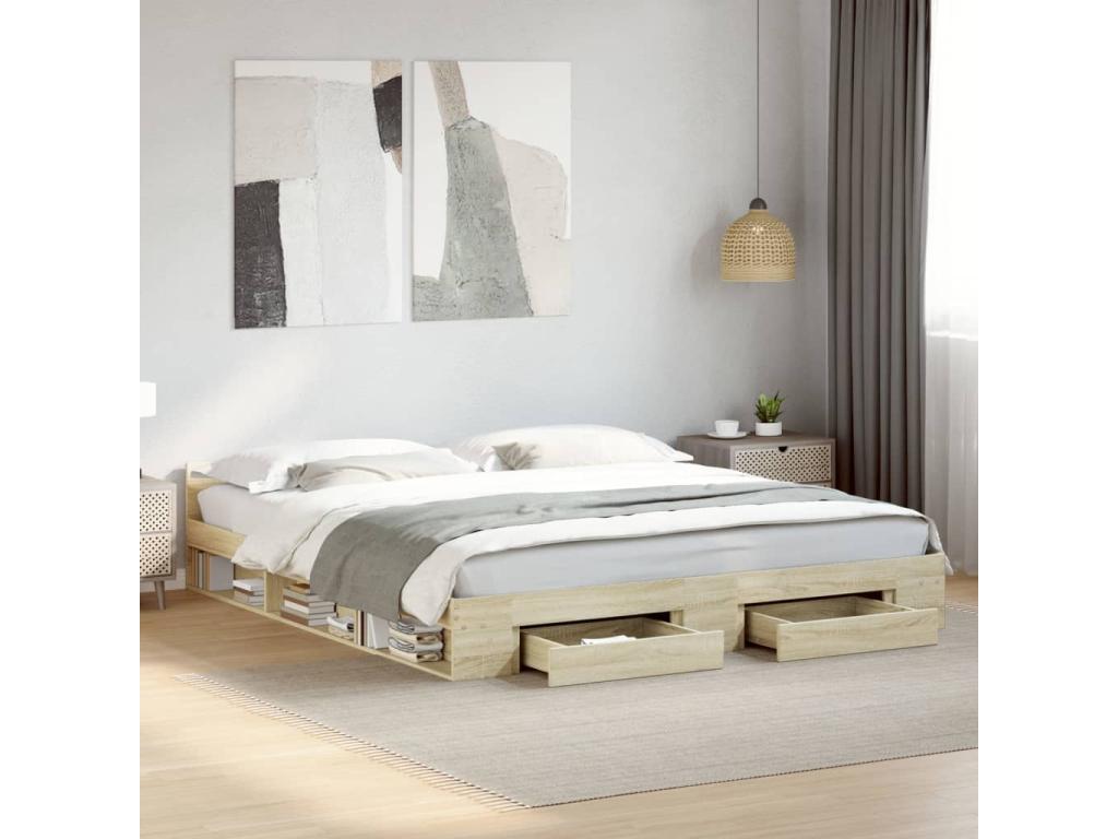 Cadre de lit à tiroirs chêne Chezlova 180x200cm bois d'ingénierie FWXE38898