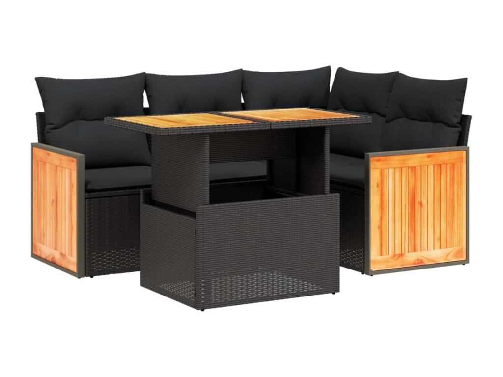 Salon de jardin 5 pcs avec coussins noir résine tressée YPWE20694