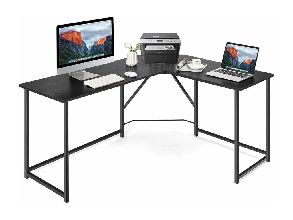 Bureau d'angle en Forme L 148x120 cm Poste de Travail avec Cadre en Métal Renforcé pour Bureau à Domicile Style Moderne Assemblage Facile Noir KPIX52738