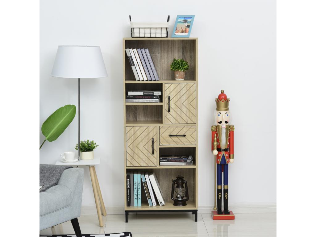 Biblliothèque 2 étagères 3 niches 2 placards tiroir panneaux particules MDF chêne clair motif graphique métal noir LSFF91713