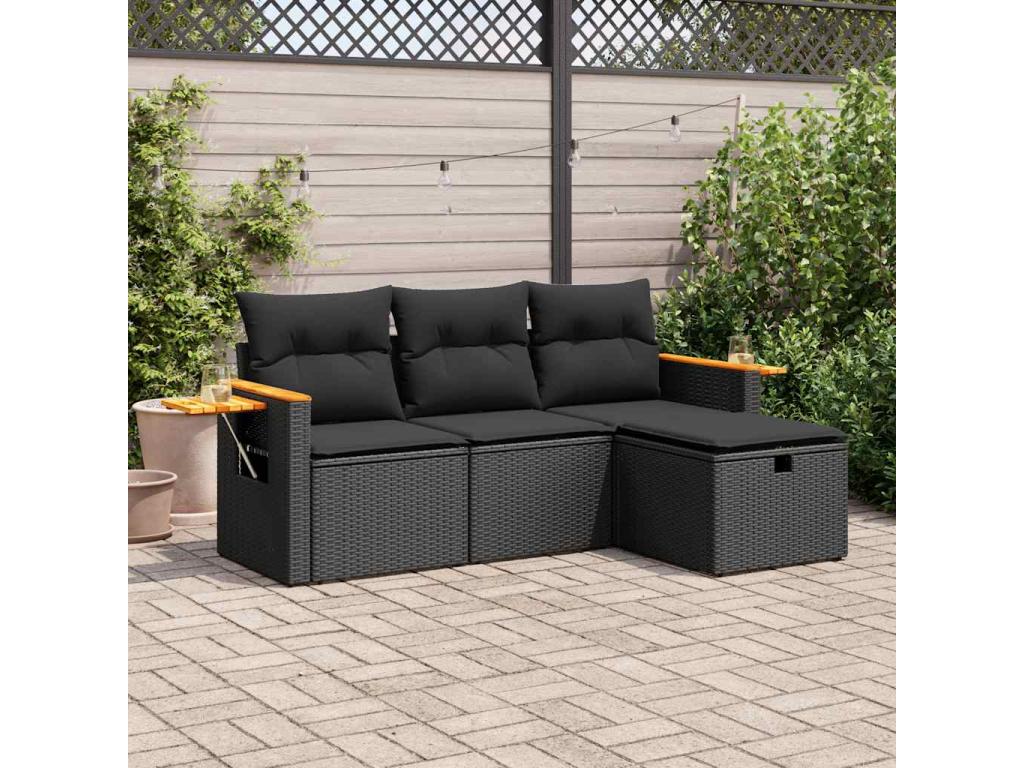 Salon de jardin 4 pcs avec coussins noir résine tressée FORI56025