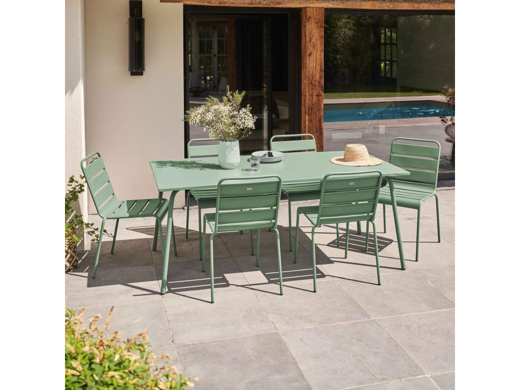 Ensemble table de jardin et 6 chaises en métal vert sauge - Chezlova XGHV88430