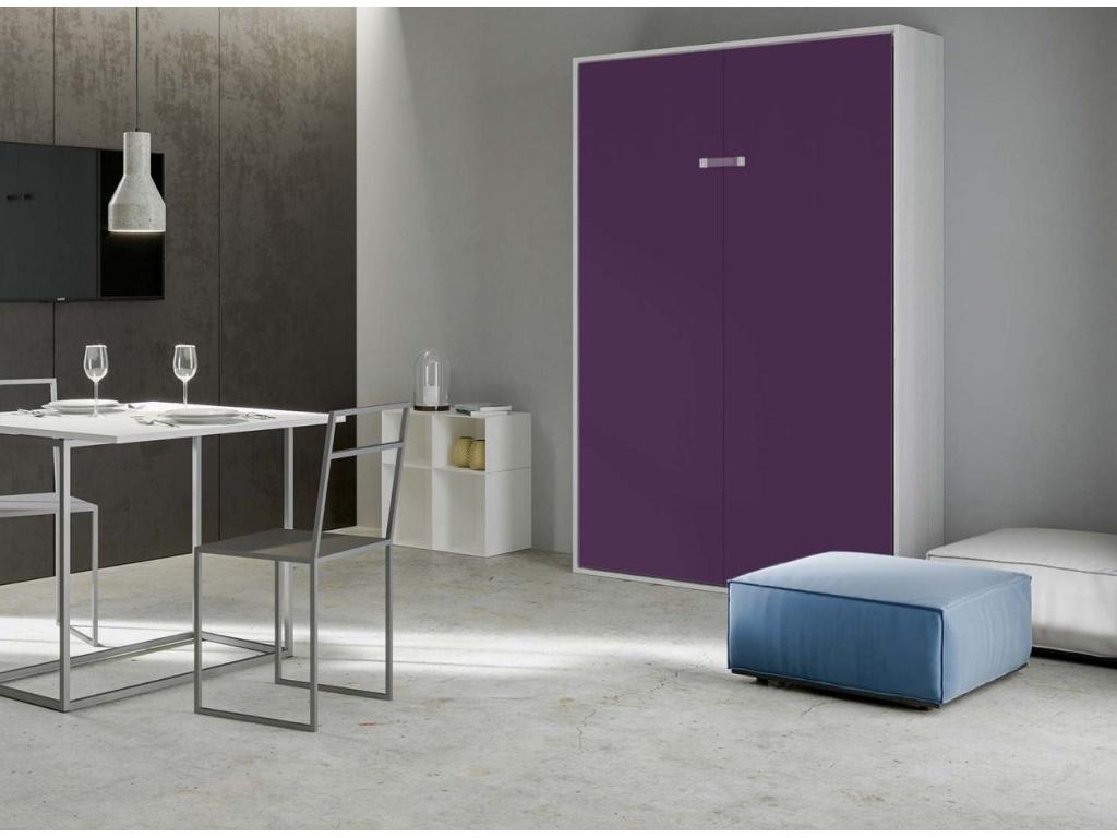 Lit escamotable vertical frêne blanc et porte violet Decohaute 140x190 CCIU40024