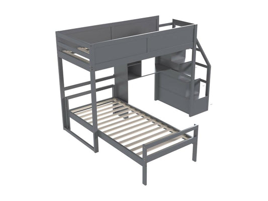 Lit superposé 90x200cm - lit enfant avec 2x sommier à Chezlova escalier avec rangement petie bureau - lit en pin Gris CDFA89072