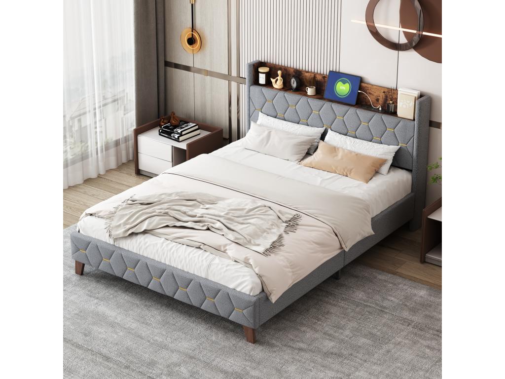Lit adulte rembourré 160x200cm lit double plat en velours cardamome avec tête de lit de rangement et prise USB sommier à Chezlova Gris IYZX69094