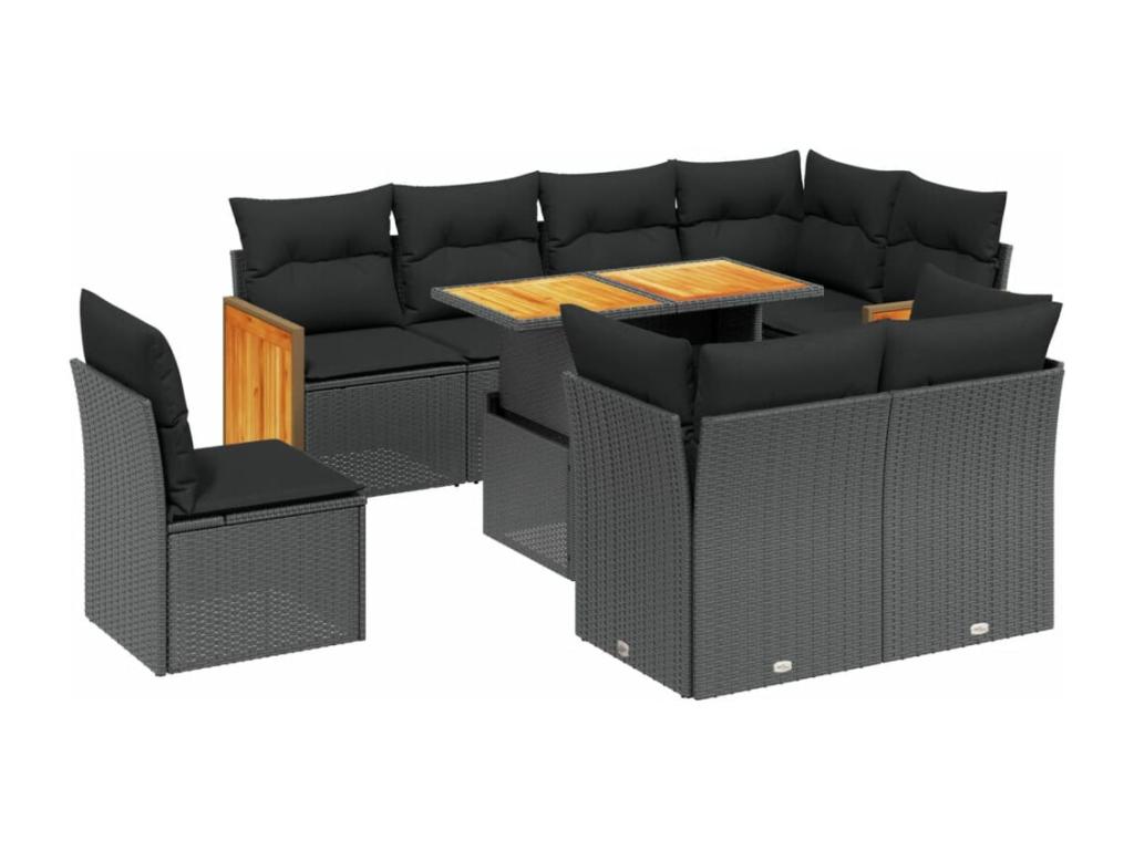 Salon de jardin 9 pcs avec coussins noir résine tressée ZJWL30598