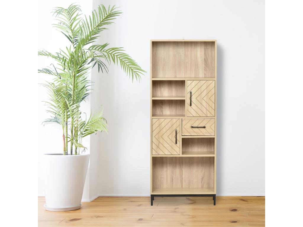 Biblliothèque 2 étagères 3 niches 2 placards tiroir panneaux particules MDF chêne clair motif graphique métal noir LSFF91713