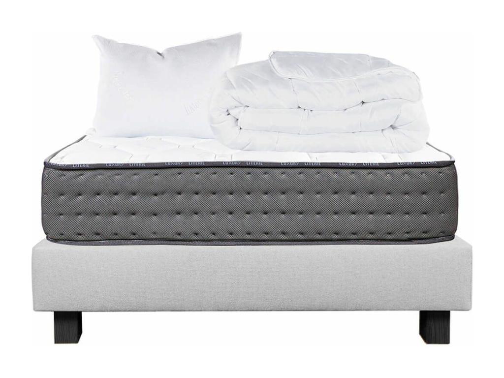 Chezlova - Pack Matelas Sommier Tapissier Gris 90x190 cm 1 Oreiller 1 Couette PZGS83159